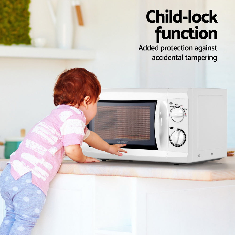 Child reaching towards a microwave with text about child-lock function