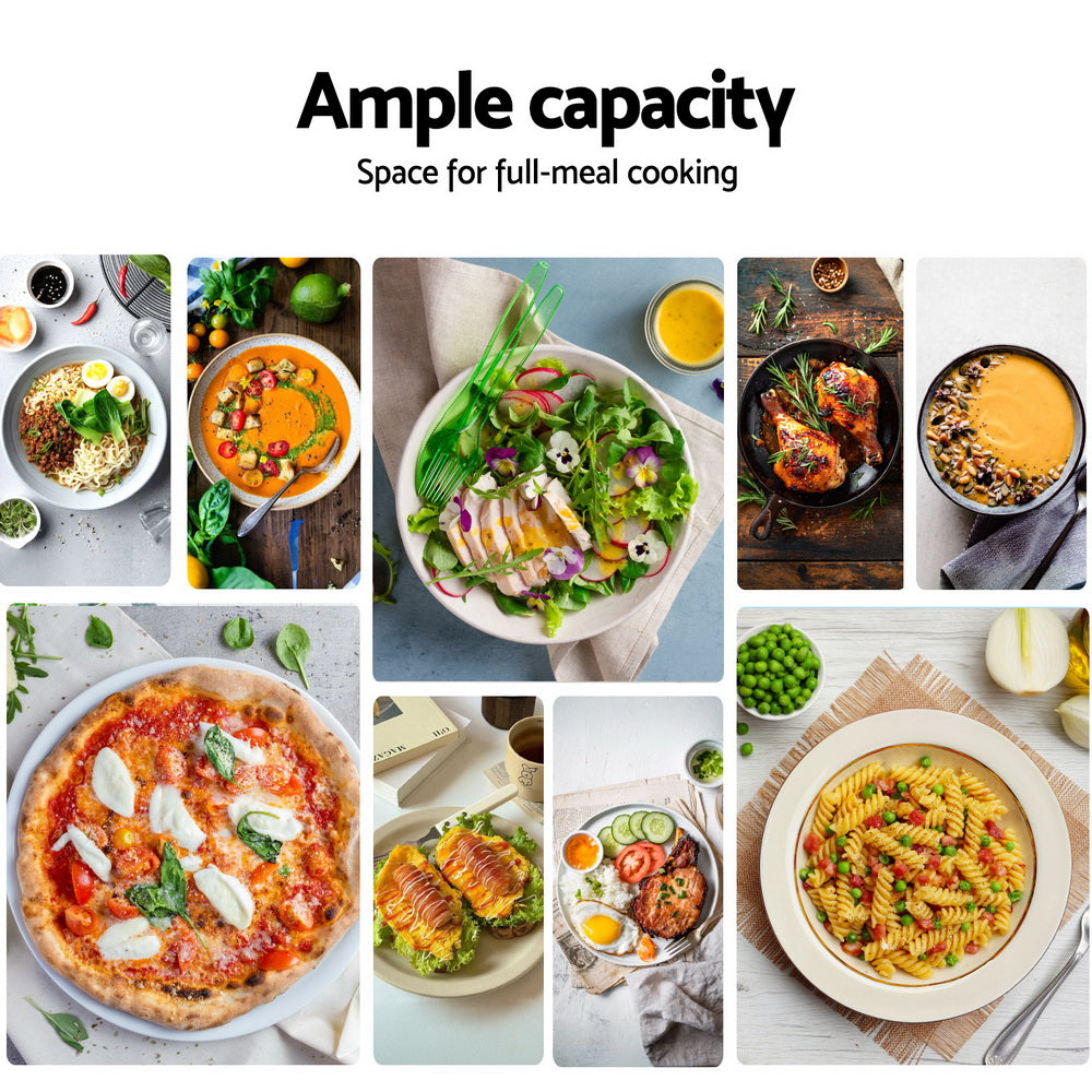 Collage of various dishes with text 'Ample capacity Space for full-meal cooking' on a white background.