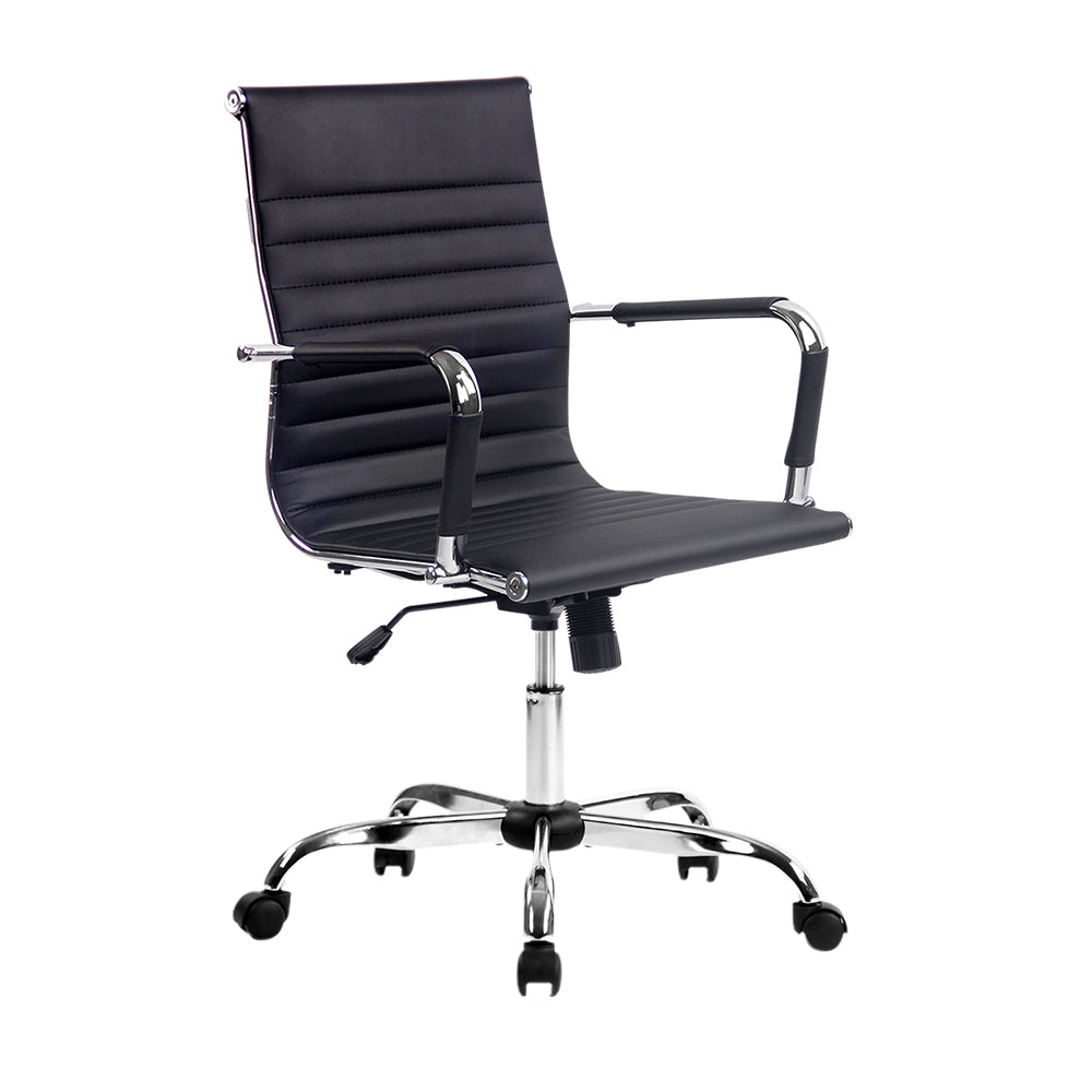 Black office chair with chrome accents on a white background