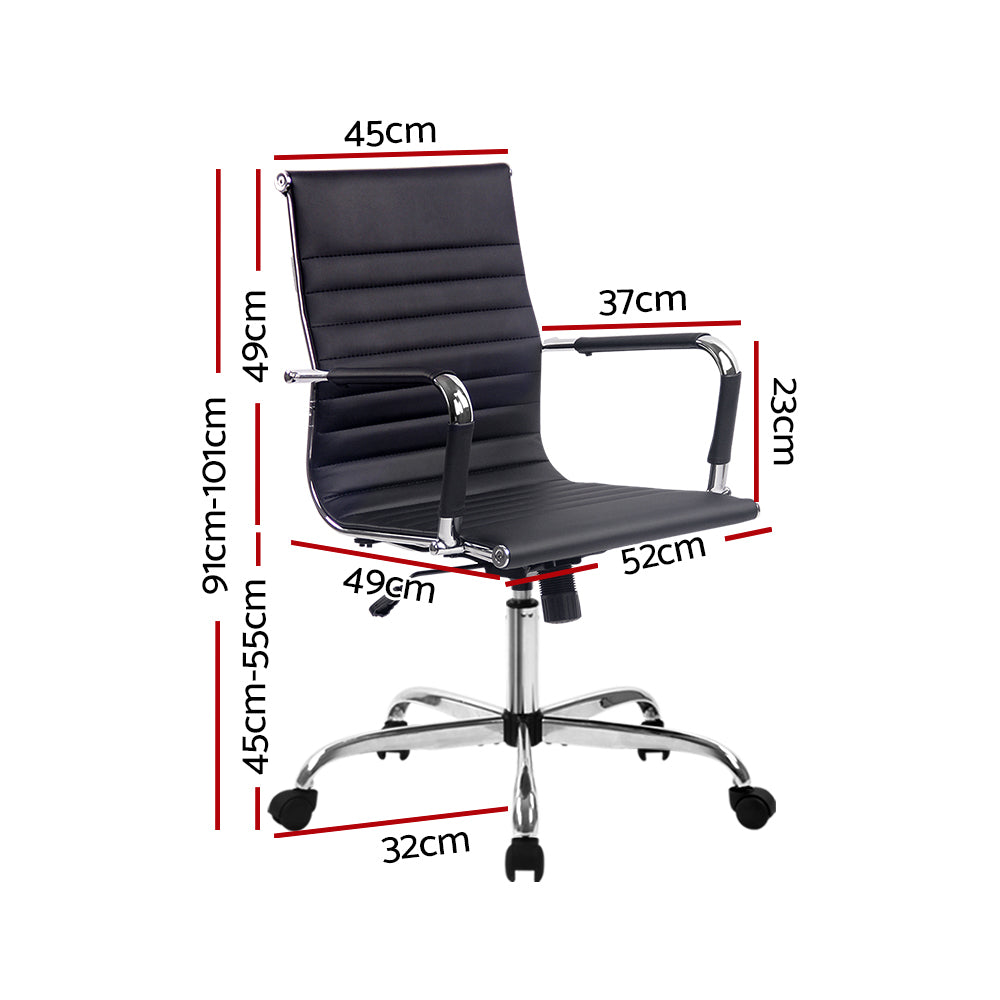 Black office chair with dimensions labeled on a white background