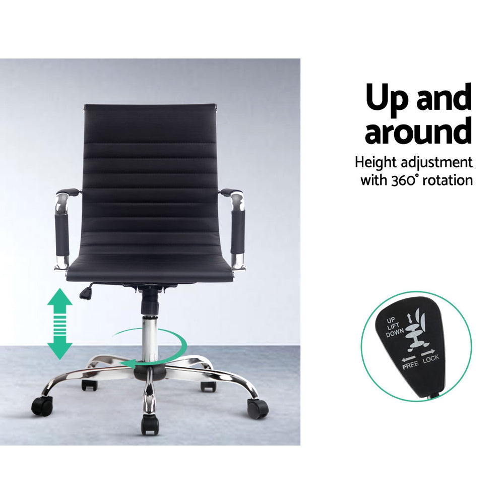 Black office chair with height adjustment and 360-degree rotation features on a gray background