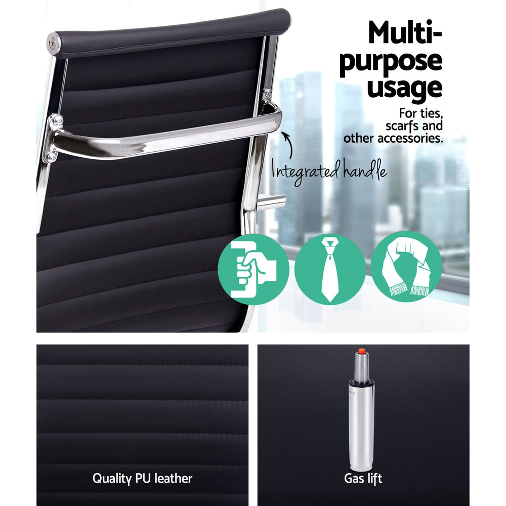 Black leather tie roll with handle, quality PU leather, gas lift, and usage for ties and scarves.