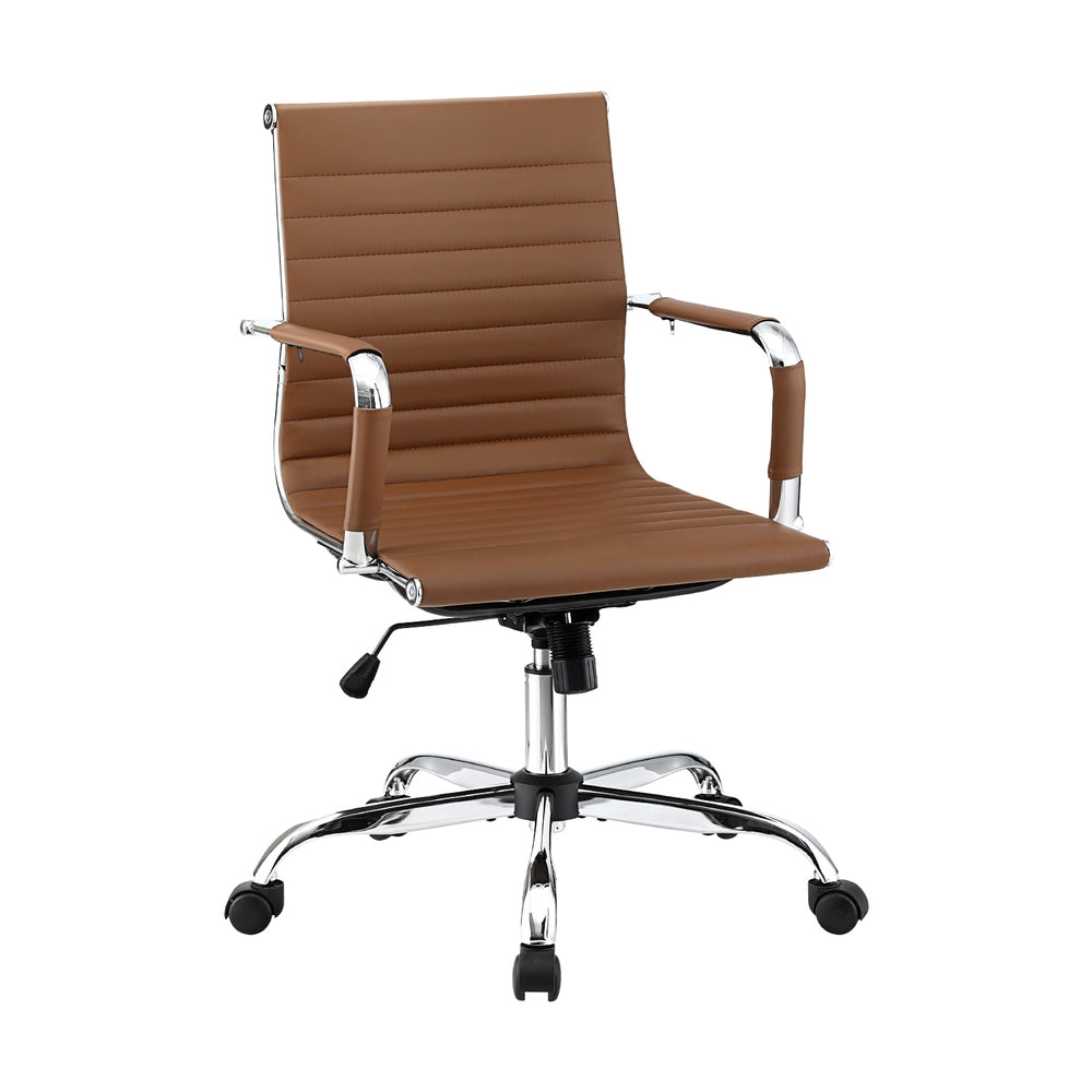 Brown office chair with chrome base on a white background