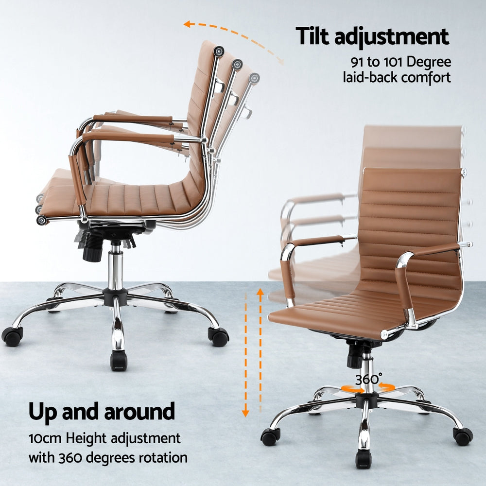 Brown office chair with tilt adjustment and height/rotation features on a white background