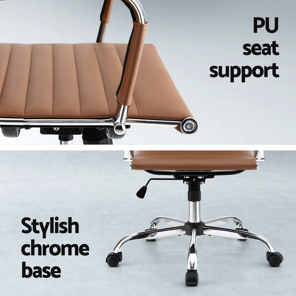 Brown office chair with PU seat support and stylish chrome base on a gray background
