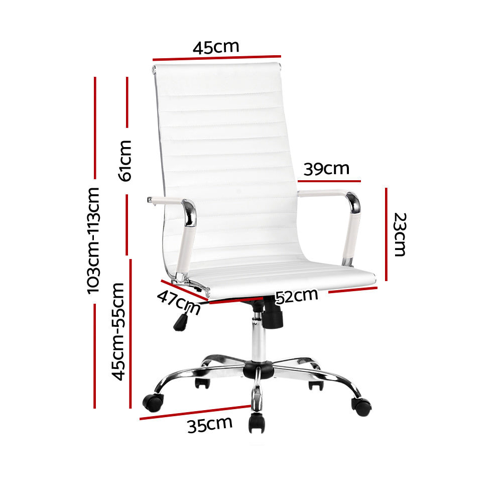 White office chair with dimensions labeled on a white background