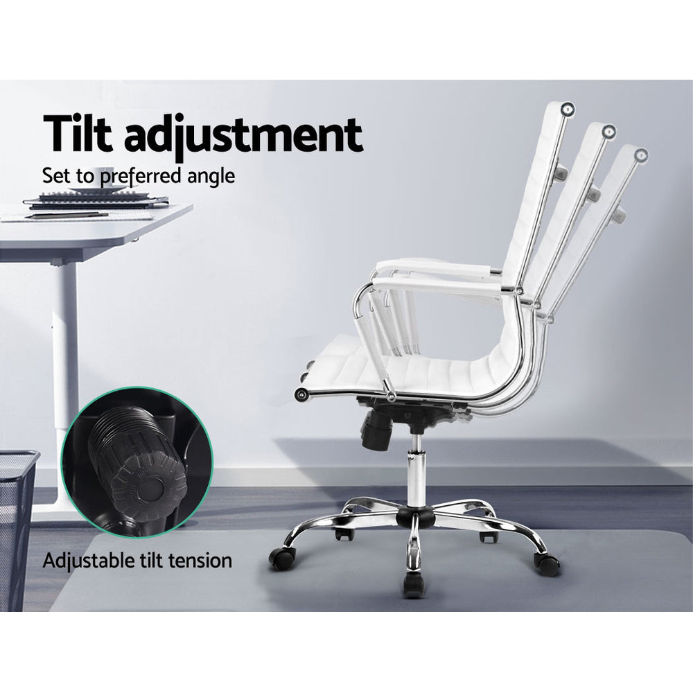 White office chair with tilt adjustment feature in a minimalistic office setting.