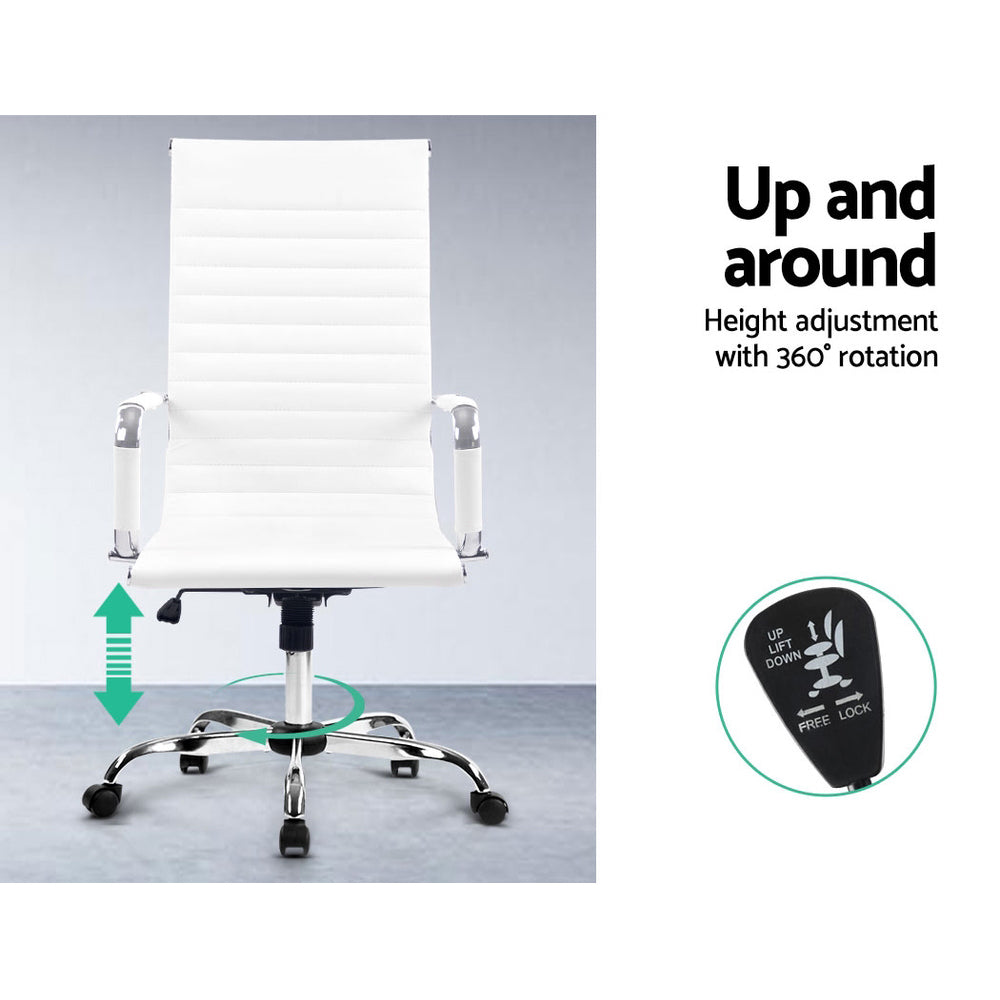 White office chair with height adjustment and 360-degree rotation features on a gray background