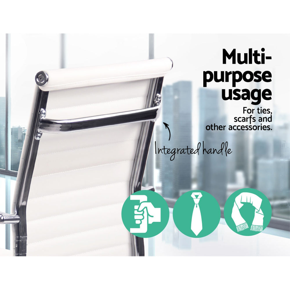 White garment rack with text about multi-purpose usage for ties, scarves, and accessories.
