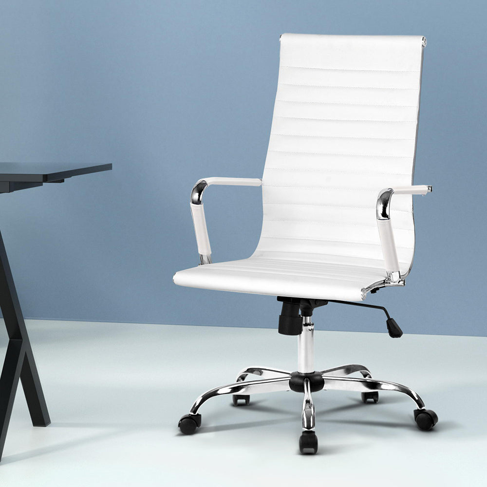 White office chair with chrome accents on a light blue background