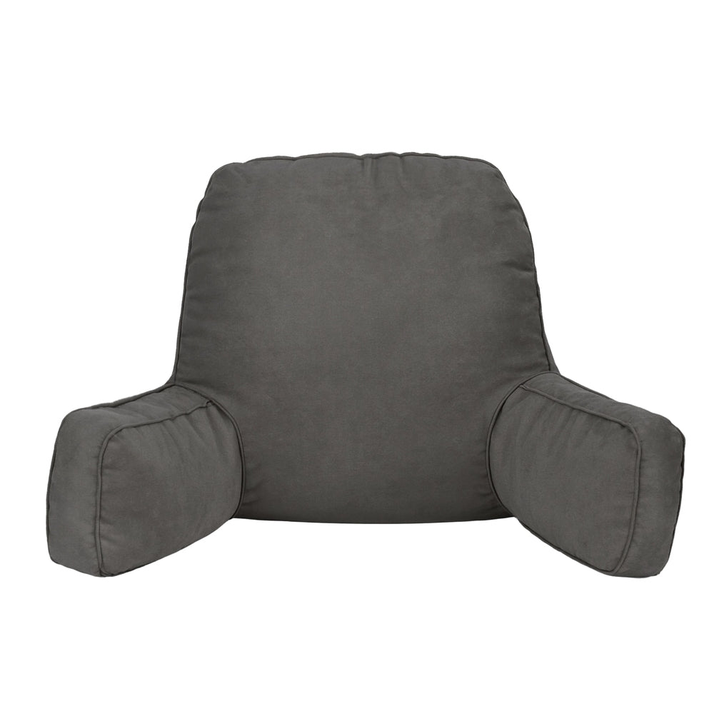 Gray backrest pillow with arm supports on a white background