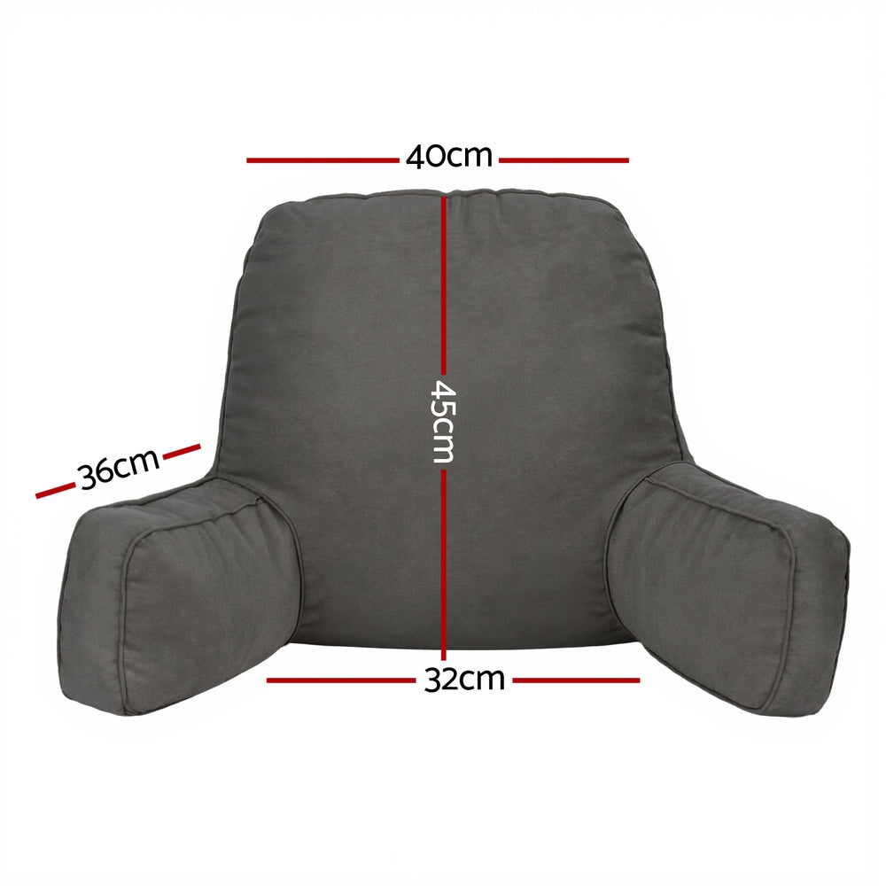 Gray reading pillow with measurements on a white background