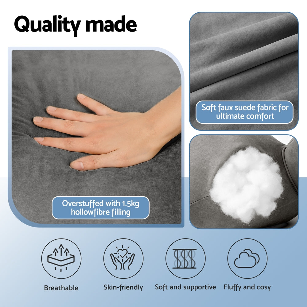 Gray cushion with hand touching it, showing soft fabric and filling, with text about quality and features.