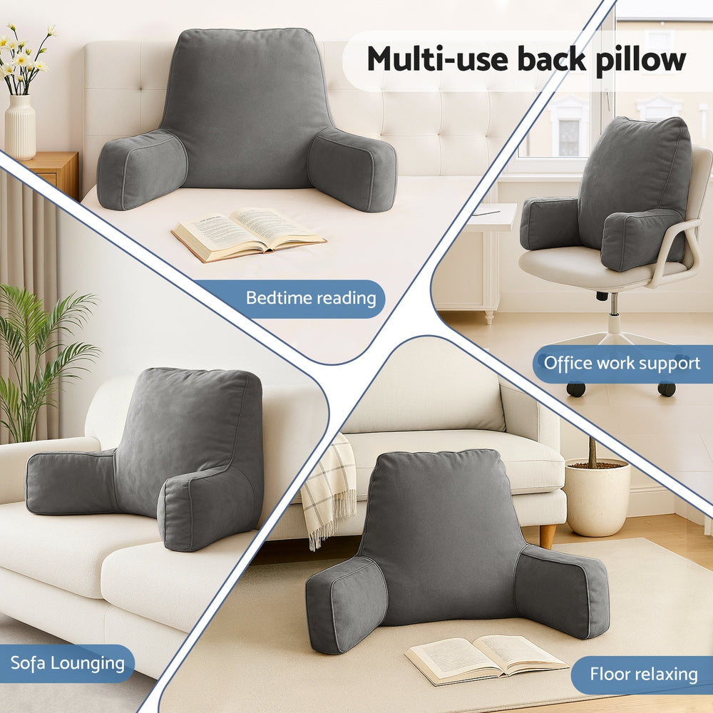 Gray multi-use back pillow shown in various settings including a sofa, office chair, and floor.