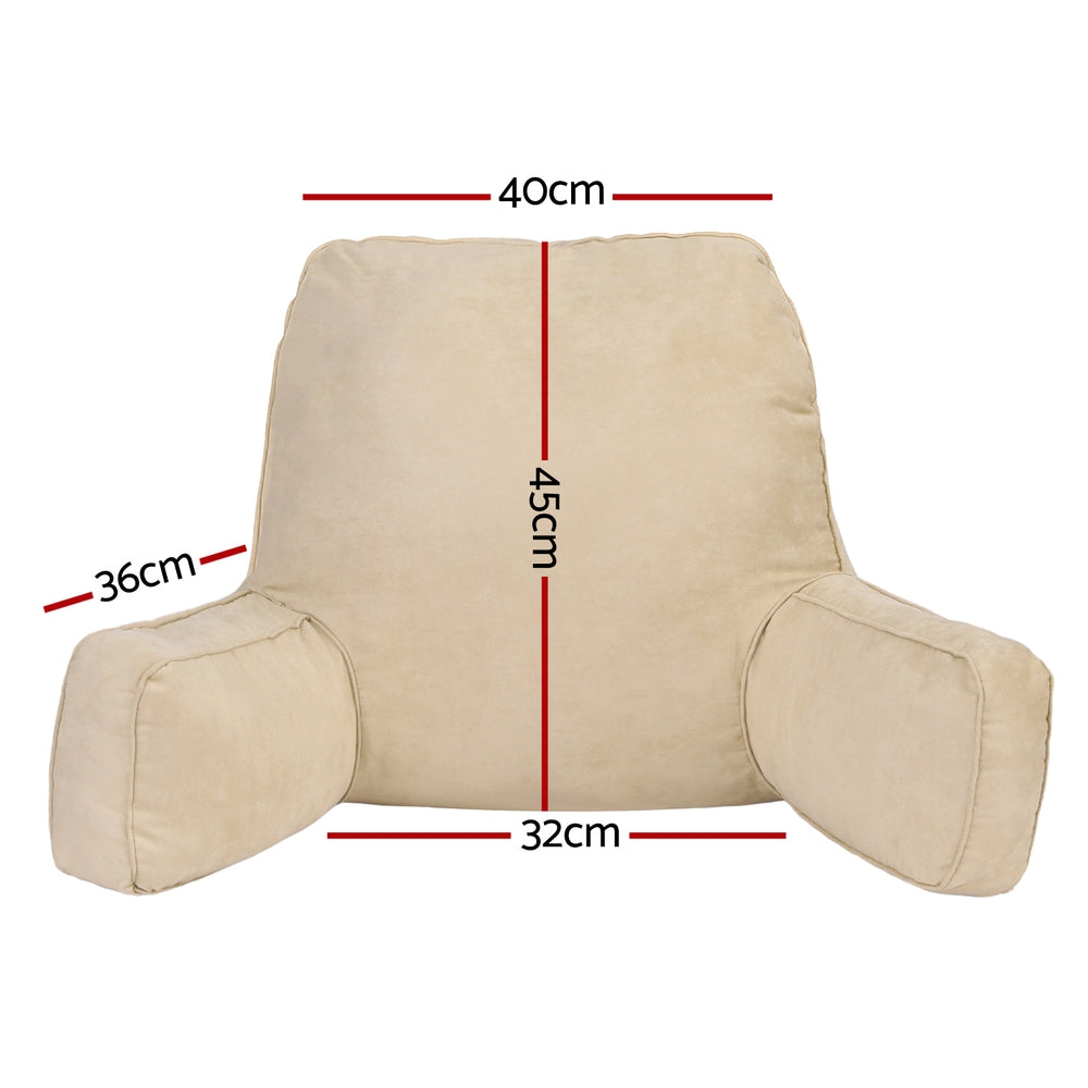 Beige reading pillow with dimensions marked on a white background