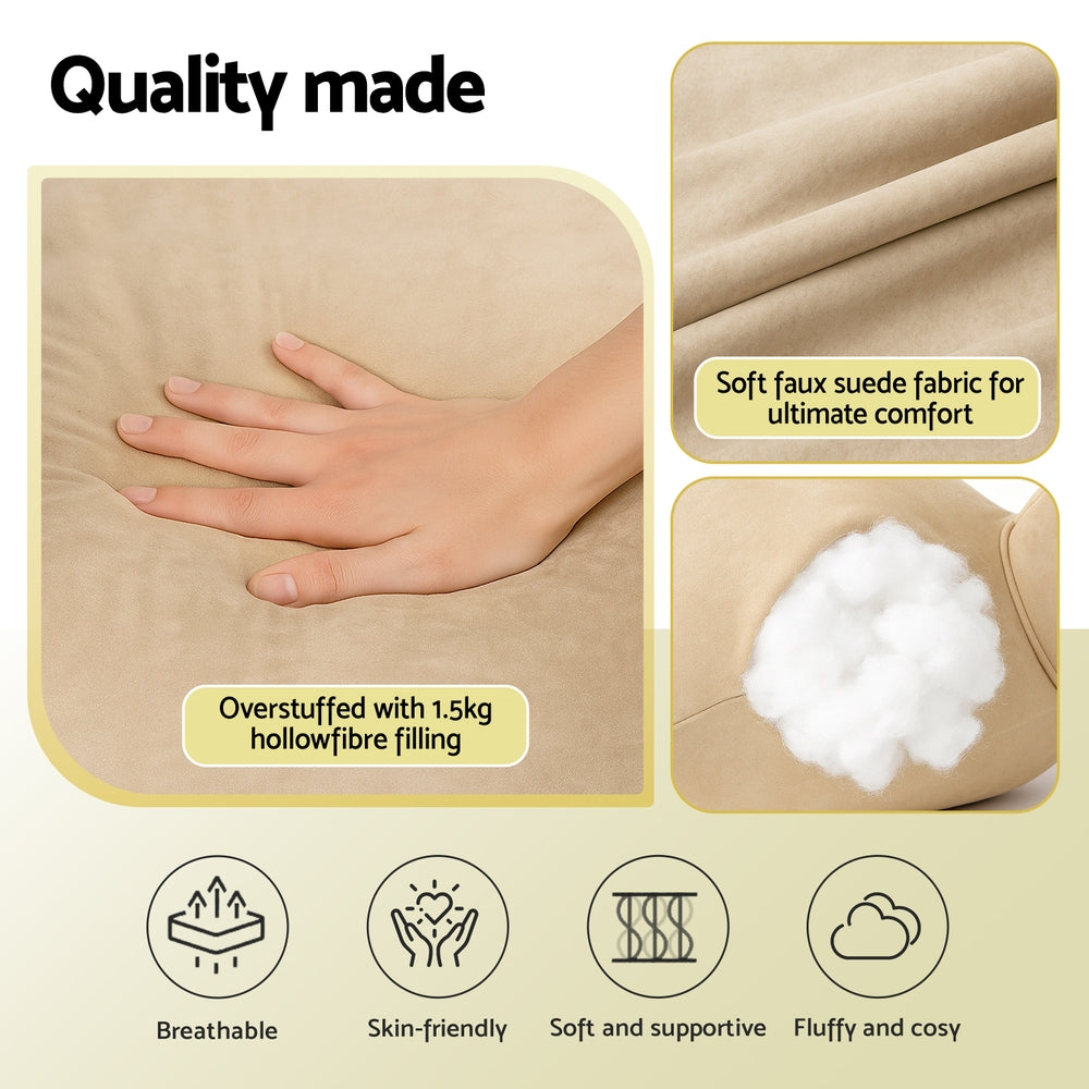Collage of a pillow with hand, fabric texture, filling, and quality attributes on a beige background.