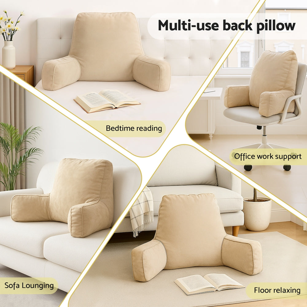 Beige multi-use back pillow shown in various settings including a sofa, office chair, and floor.