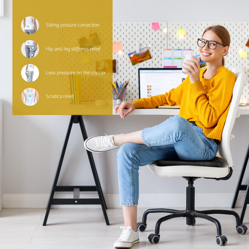 Woman sitting on a chair with text on sitting posture correction benefits