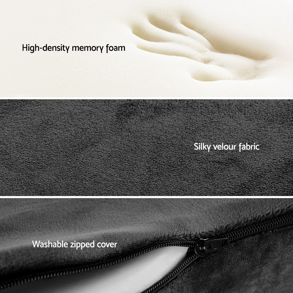 Close-up of high-density memory foam, silky velour fabric, and washable zipped cover.