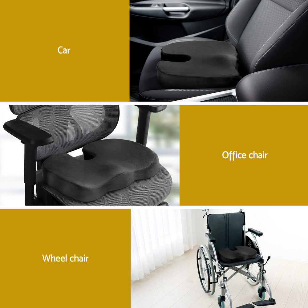 Collage of a black seat cushion on different types of chairs including car, office, and wheelchair.