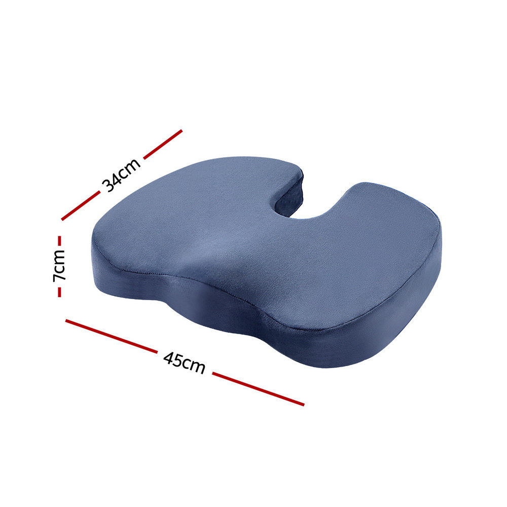 Blue cushion with dimensions marked on a white background