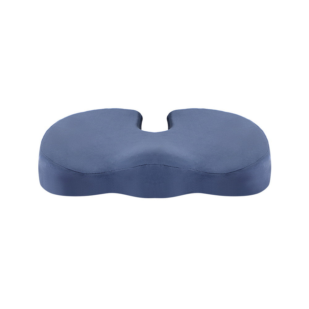 Blue memory foam seat cushion on a white background