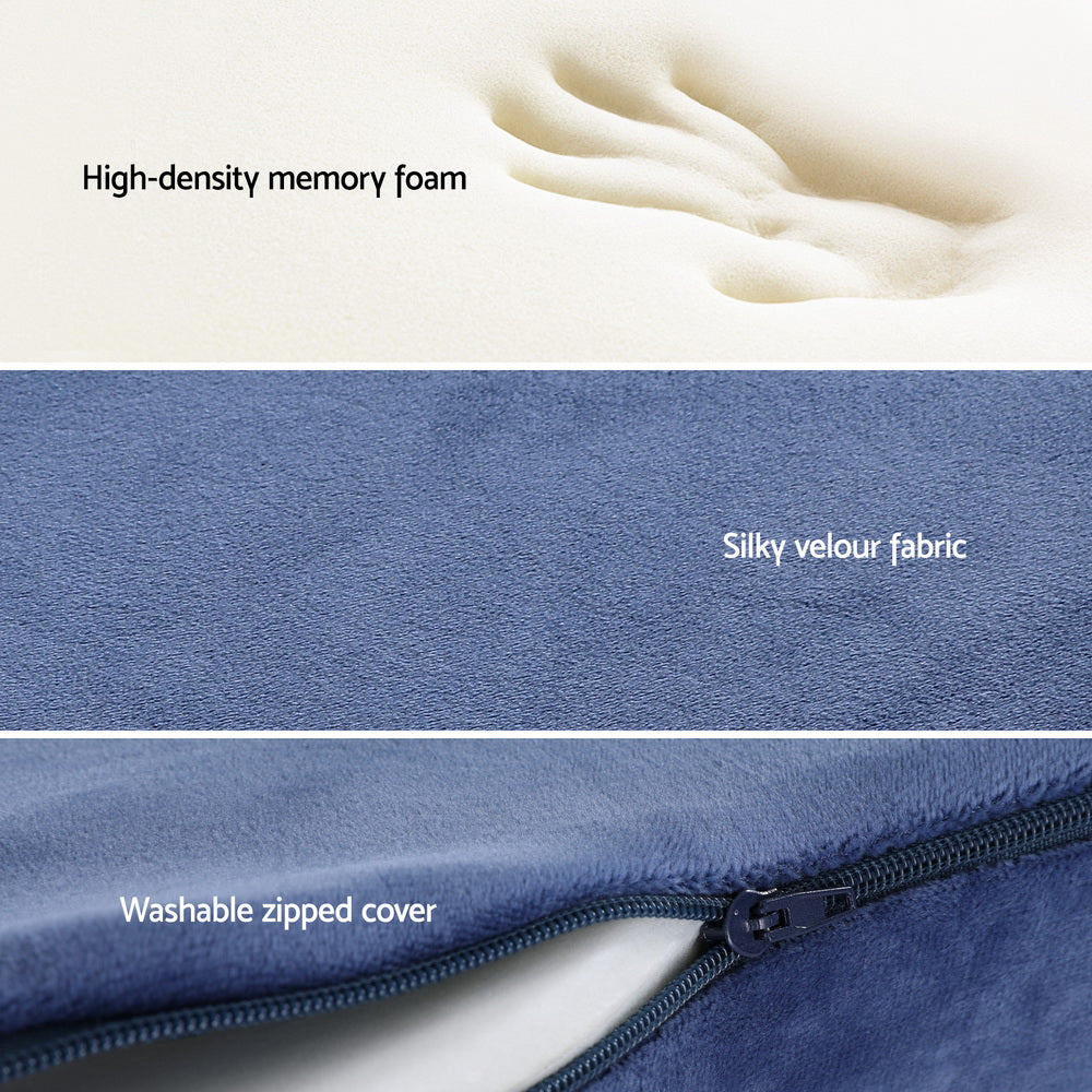 Close-up of high-density memory foam, silky velour fabric, and washable zipped cover.