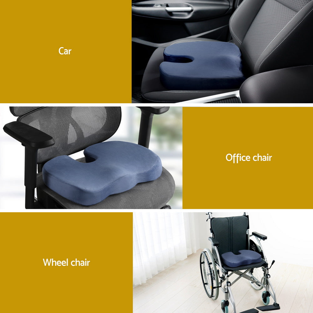 Ergonomic seat cushion on various types of chairs including car, office, and wheelchair.