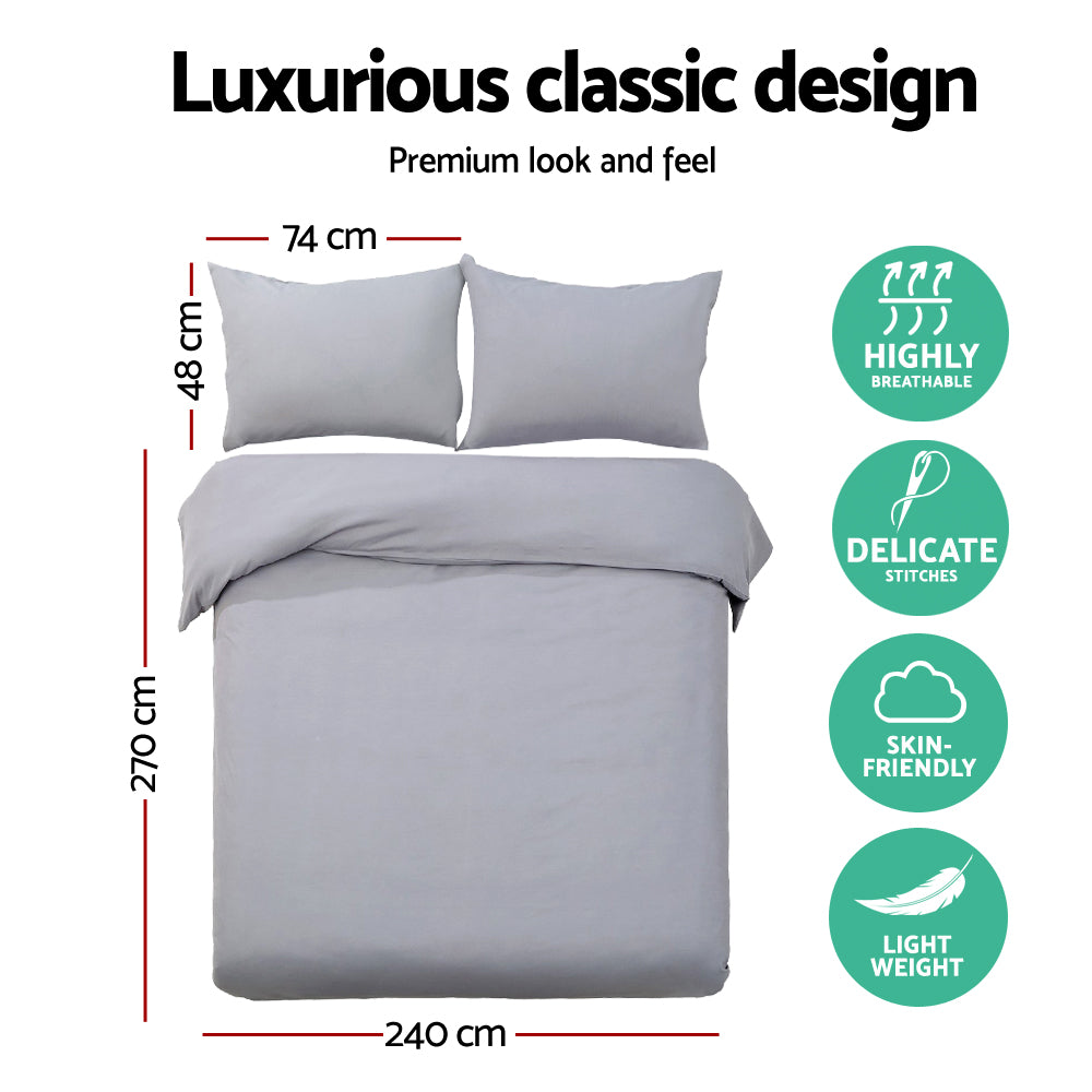 Gray bedding set with dimensions and features on a white background