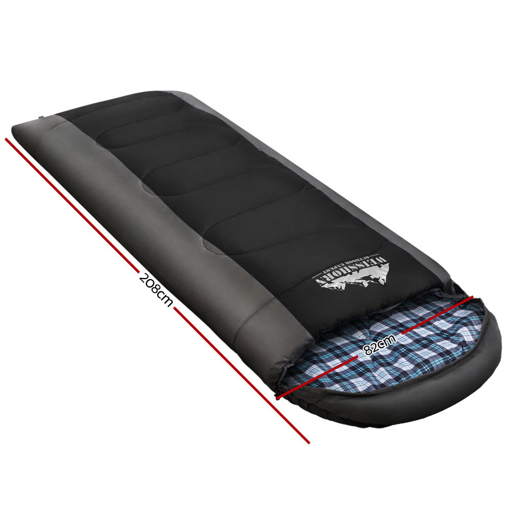 Black sleeping bag with plaid interior, brand logo, and dimensions on a white background