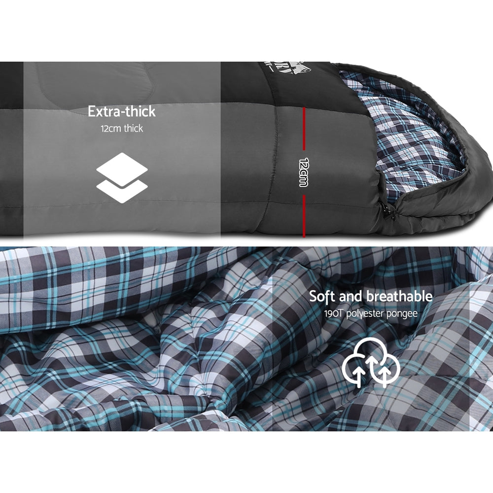 Close-up of a sleeping bag with text indicating thickness and material quality.