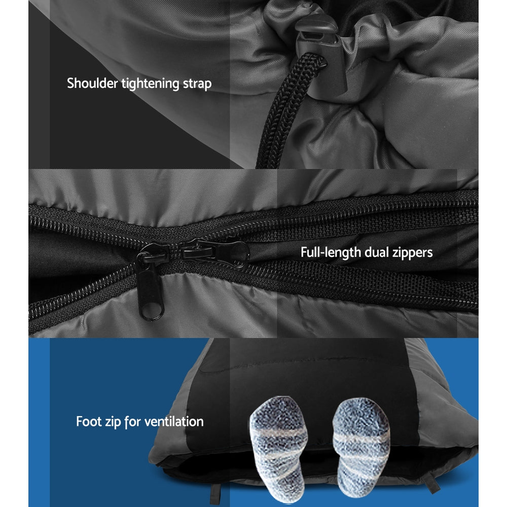 Close-up details of a jacket with shoulder tightening strap, full-length dual zippers, and foot zip for ventilation.
