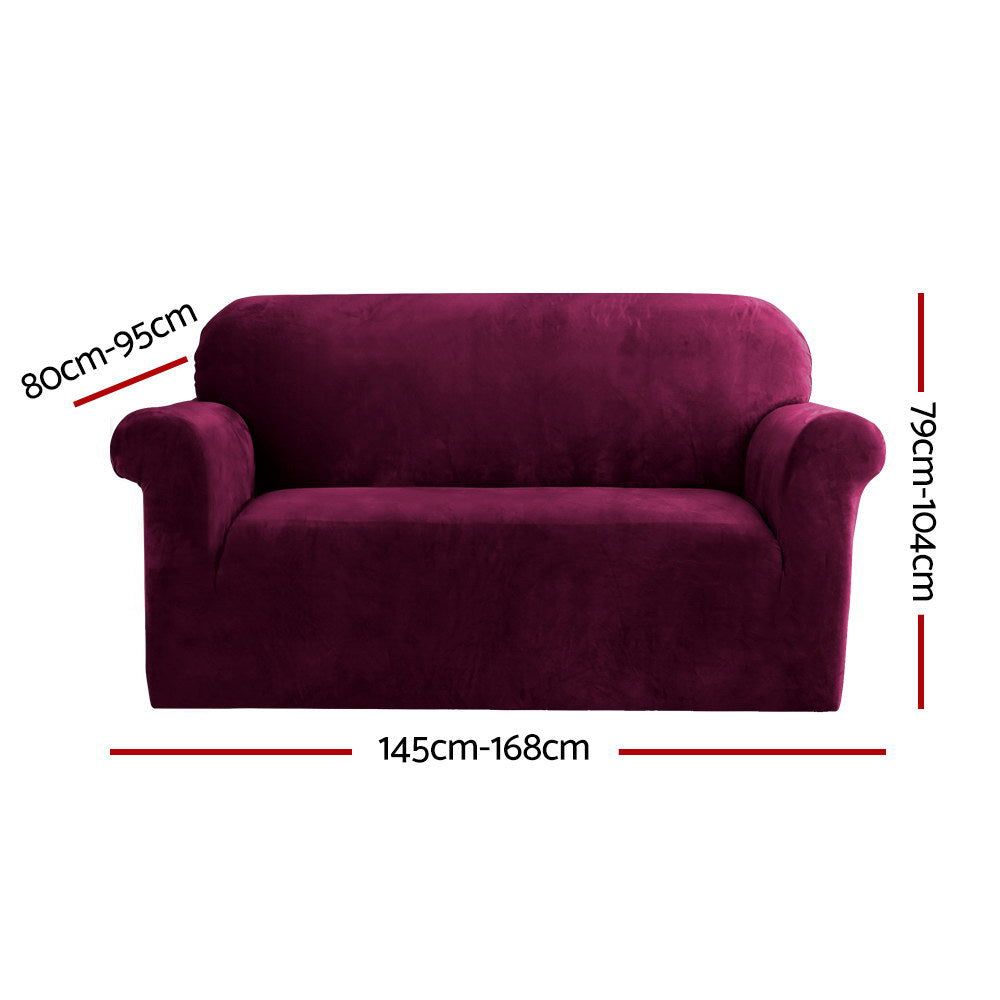 Maroon sofa cover with dimensions on a white background