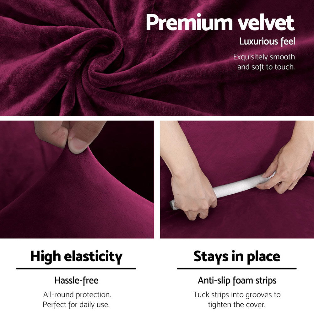 Premium velvet fabric with text highlighting its luxurious feel, high elasticity, and anti-slip feature.