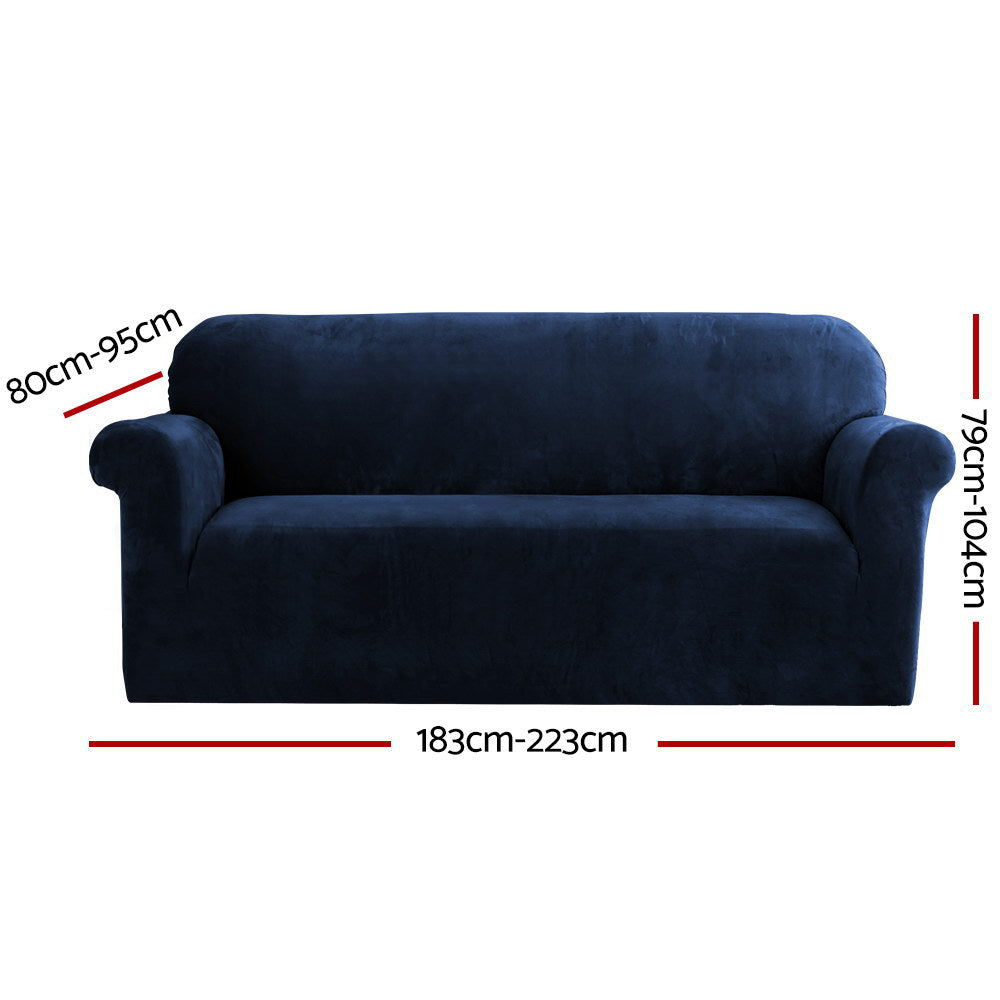 Navy blue sofa with dimensions indicated on a white background