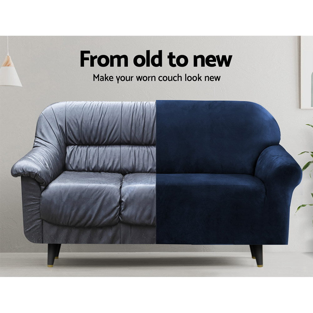 Sofa with half gray and half navy cover, text 'From old to new' on a white wall.