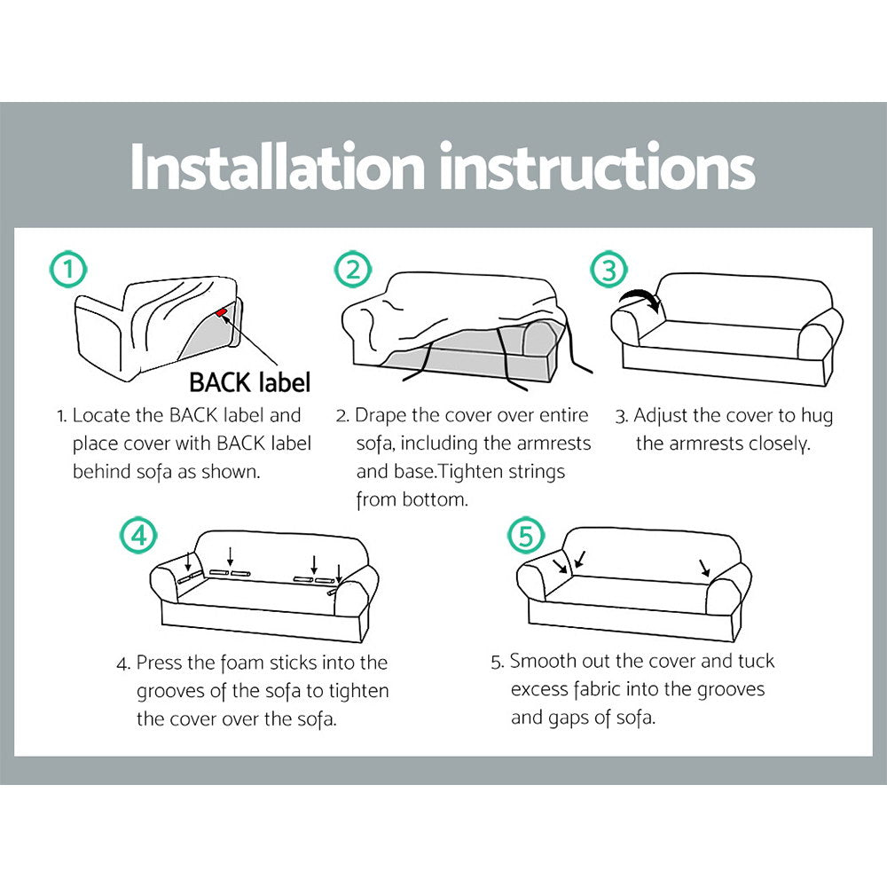 Installation instructions for a sofa cover on a gray background