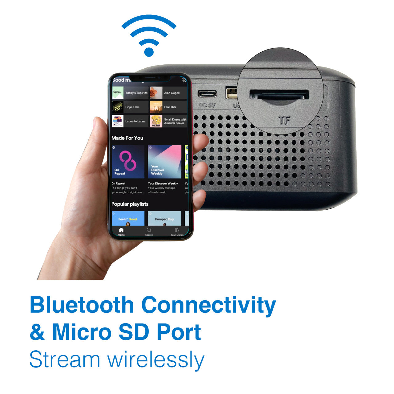 Smartphone displaying a music app next to a portable audio device with Bluetooth connectivity and Micro SD port on a white background.