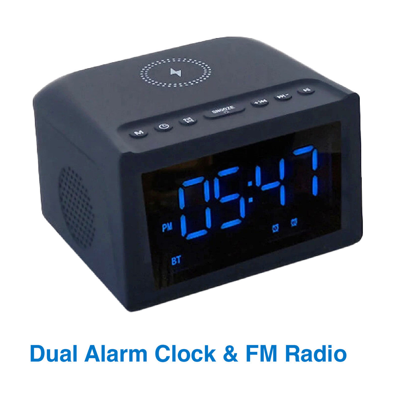 Black dual alarm clock with blue LED display on a white background