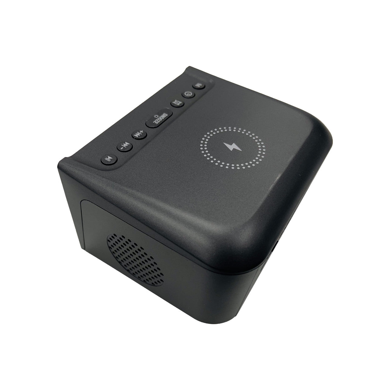 Black electronic device with wireless charging pad on a white background