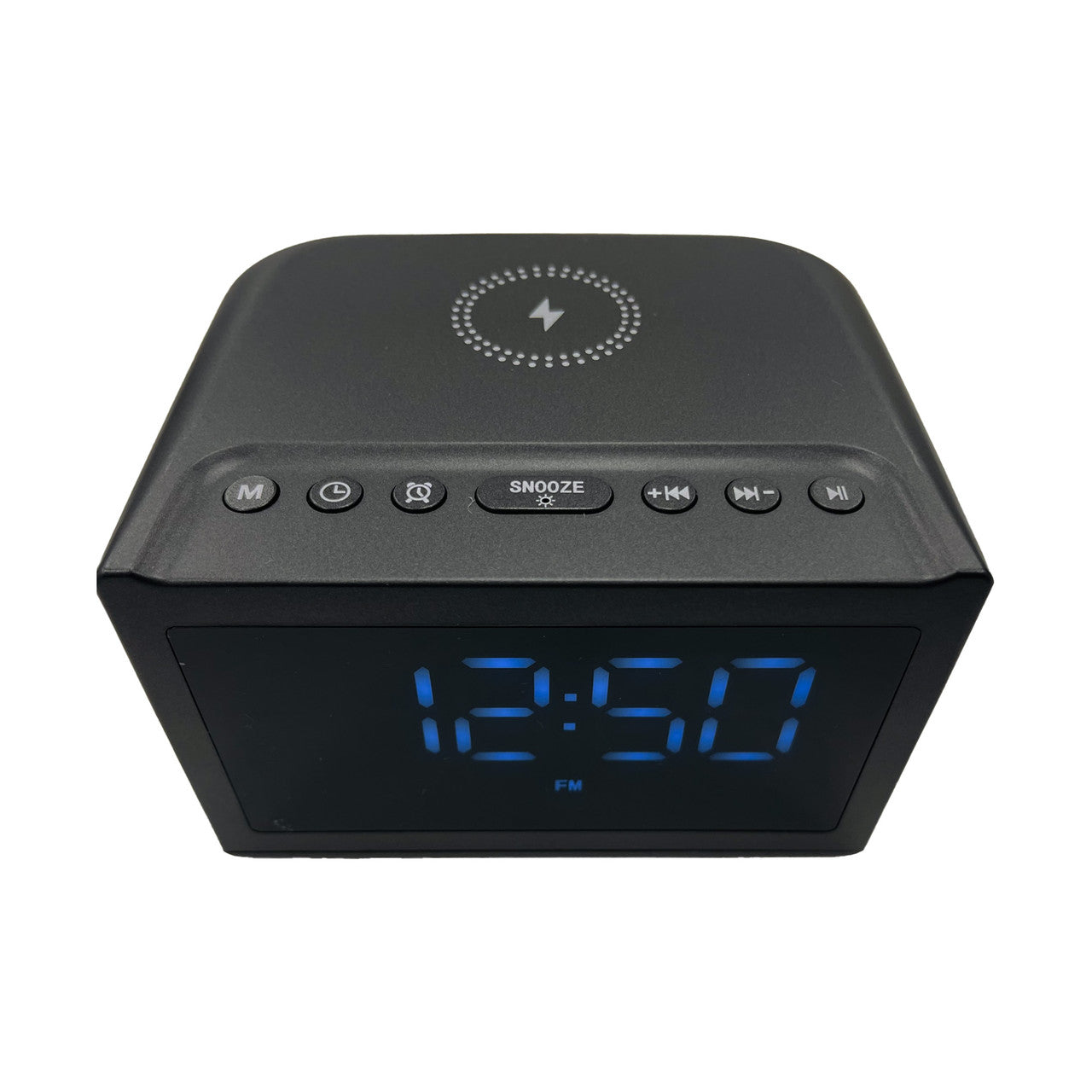 Black digital clock with wireless charging pad on a white background