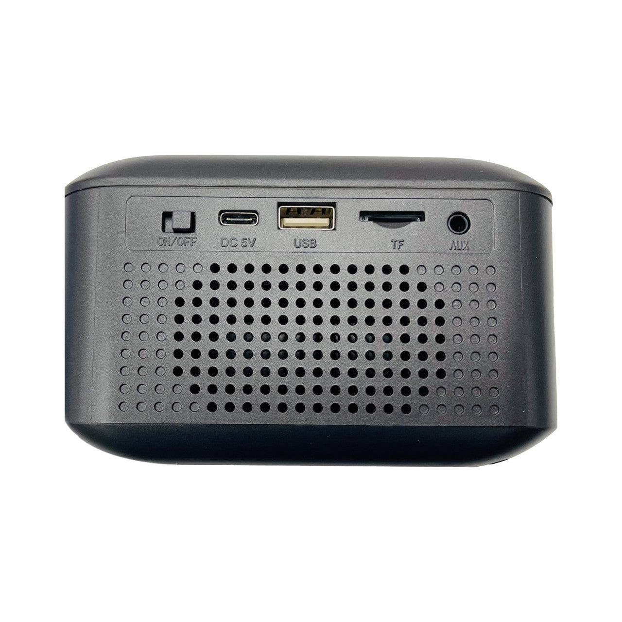 Back view of a black electronic device with ports on a white background