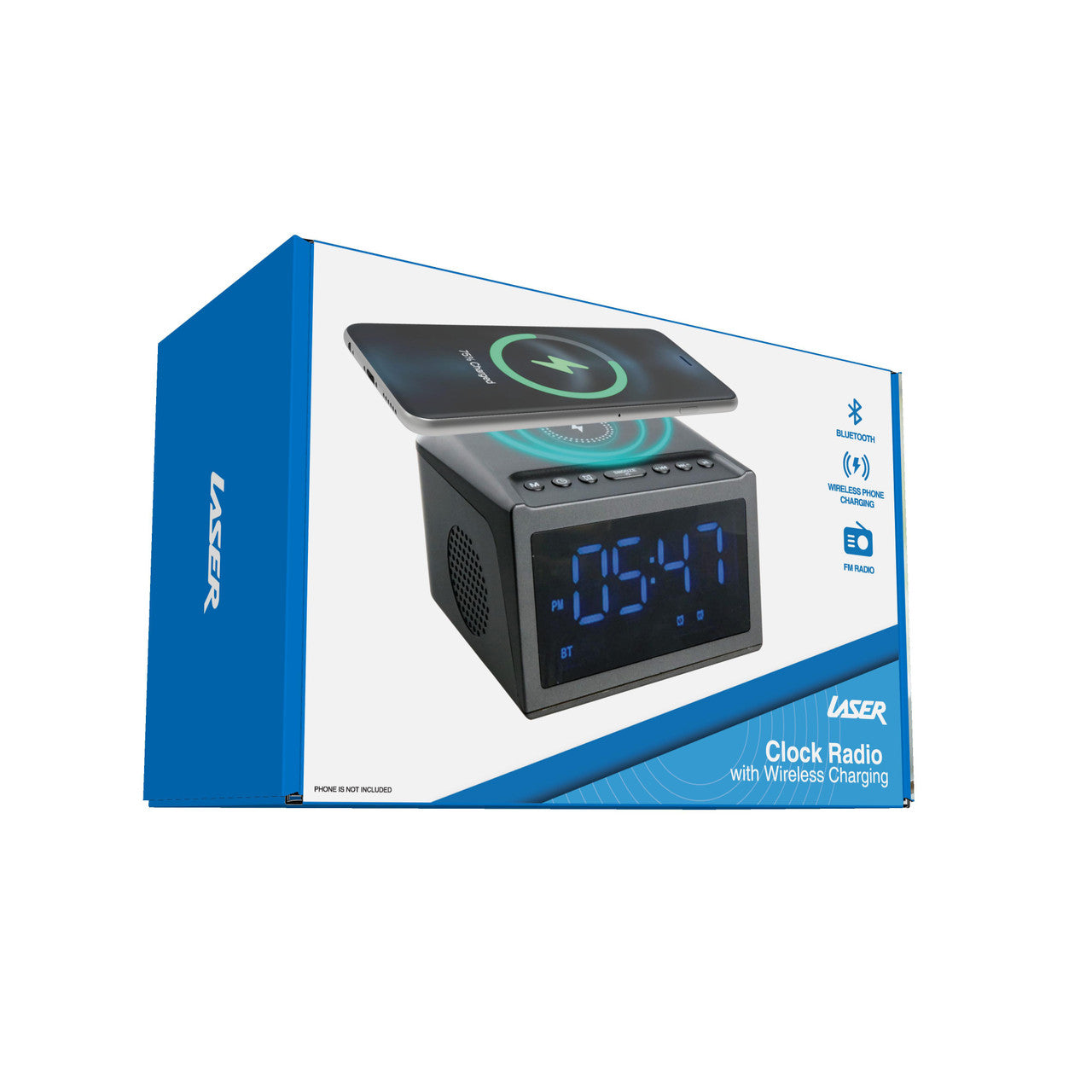 Boxed clock radio with wireless charging feature on a white background