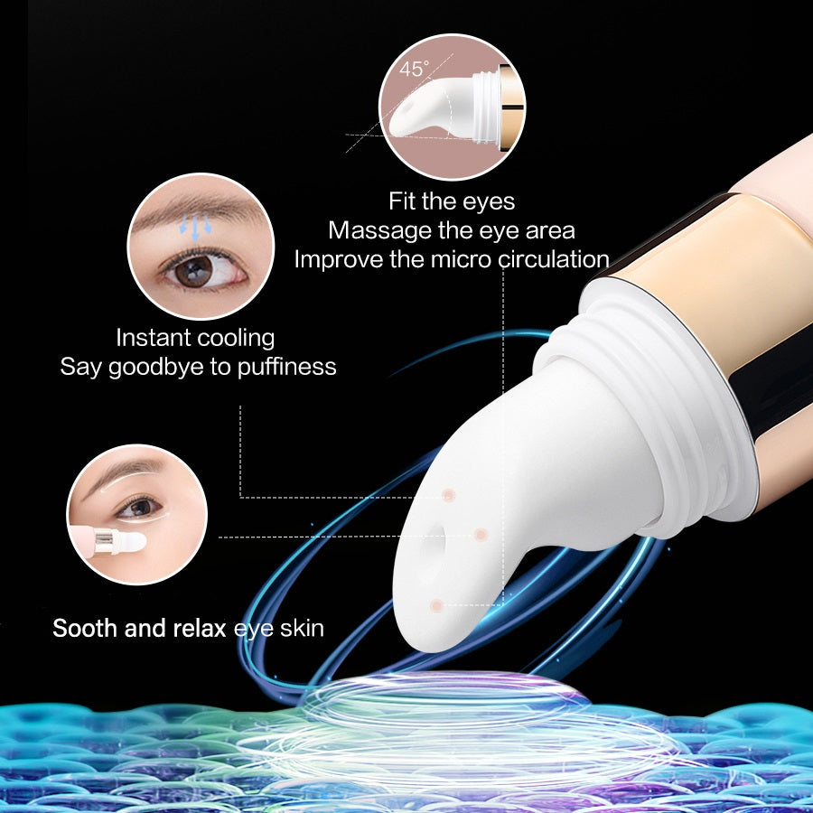 Eye massager device with text on its benefits on a black background