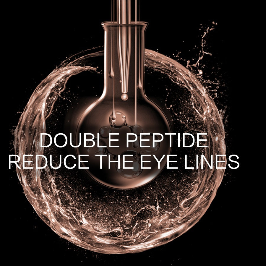 Glass flask with liquid droplet and text 'Double Peptide Reduce the Eye Lines' on a dark background
