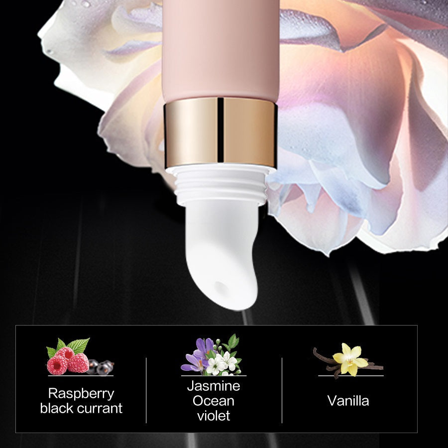 Cosmetic dropper with floral background and fragrance notes displayed.