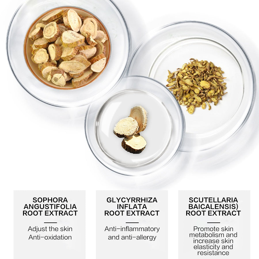 Three glass bowls with root extracts and their benefits on a white background