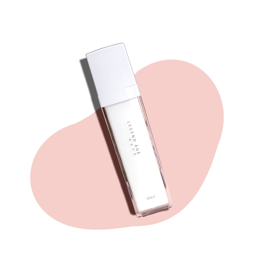 Skincare bottle labeled 'Legend Age' on a white background with a pink abstract shape.