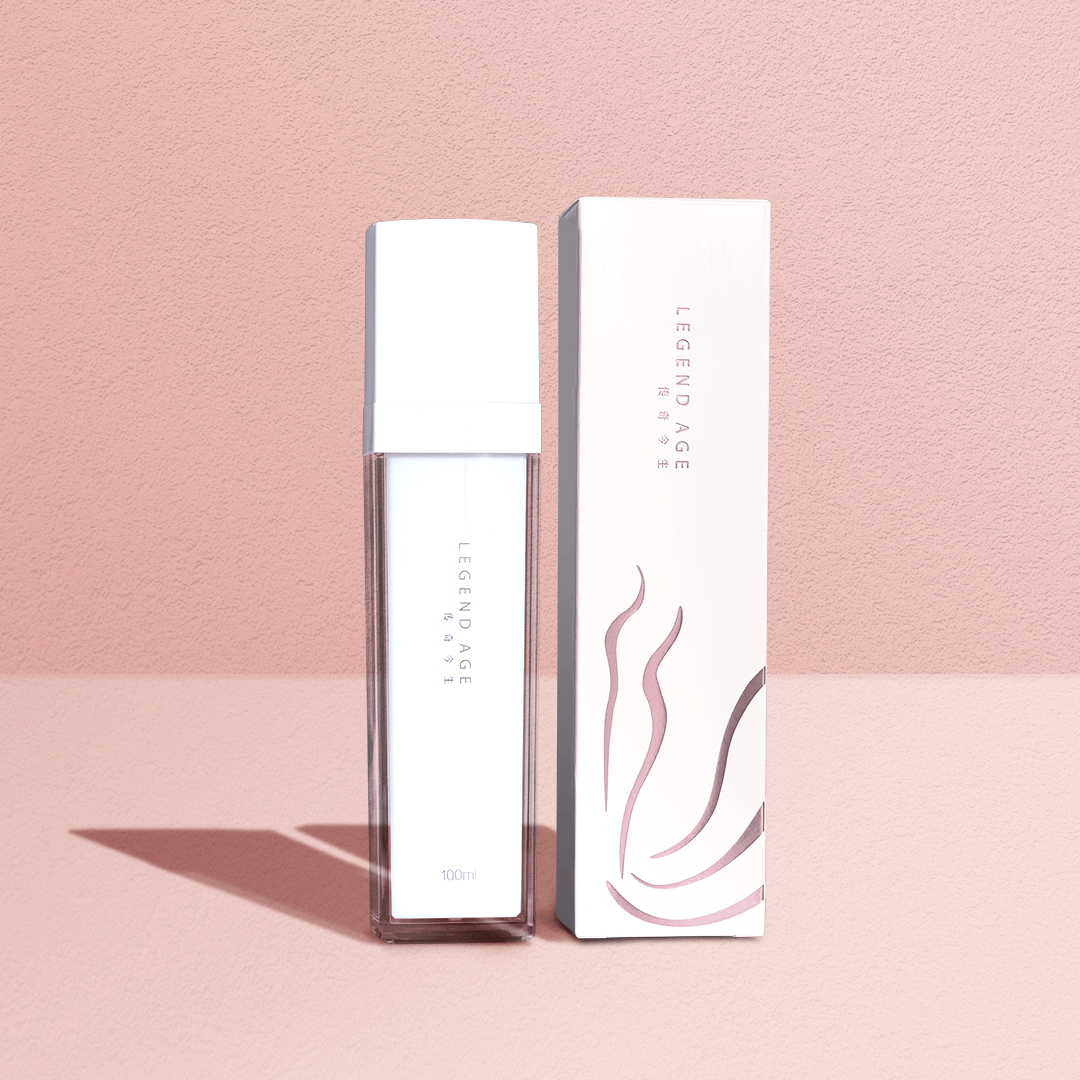 Skincare bottle and packaging with 'Legend Age' branding on a pink background