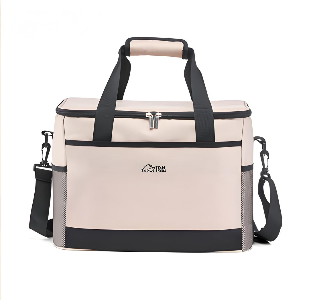 Beige and black cooler bag with a visible brand logo on a white background
